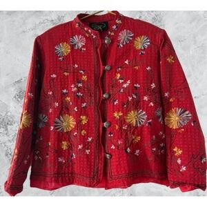 Alex Kin Red Floral Embroidered Quilted Jacket Mandarin Collar Womens Large